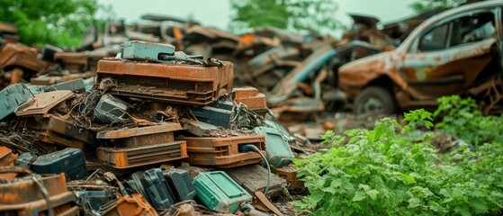 Junkyard scene with electric vehicle battery waste, rusted and overgrown, environmental issues, muted colors, photography