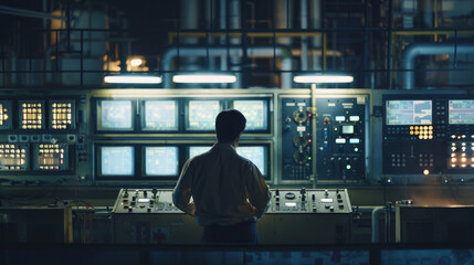 A technician stands before a series of illuminated control panels, attentively monitoring and adjusting the system in an industrial control room.