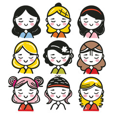 Nine cute cartoon girls smiling different hairstyles clothes, cartoon girl has distinct style, featuring various hair accessories outfits. Simple line art emphasizes bright colors cheerful