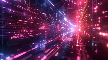 Obraz premium Glowing Geometric Cyberspace with Vibrant Data Pathways Futuristic Tech Background with Copy Space