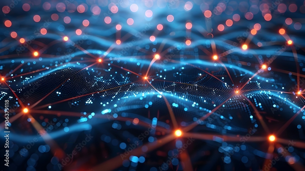 Poster glowing digital data network with interconnected nodes and lines representing cyber communication ba