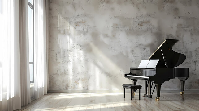 A black grand piano sits in a minimalist room with a concrete wall and large windows. Sunlight streams through the curtains, casting shadows on the floor.
