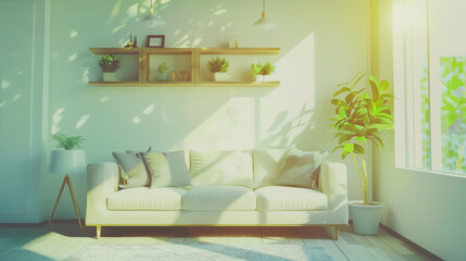 A sunlit living room with a cozy sofa, potted plants, and chic decor exudes a warm, inviting atmosphere perfect for relaxation and comfort.