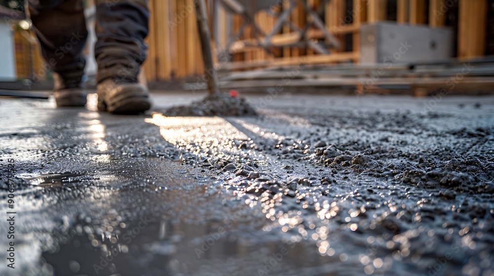Poster Man working on smoothing concrete driveway for the new home build at construction site Architecture and exterior structure base progress safety foundation pavement ground Real estate i : Generative AI