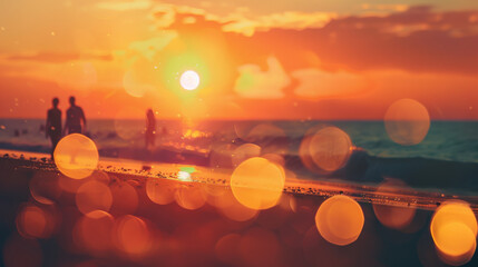 A vibrant beach sunset with silhouettes of people walking along the shore, captured through a whimsical bokeh effect.