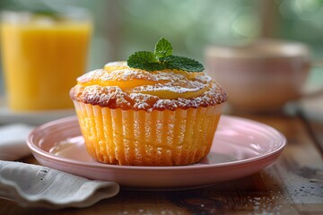 Delicious Lemon Cupcake with Mint Garnish and Fresh Orange Juice for a Refreshing Summer Dessert