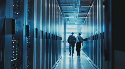 Two figures walk through a futuristic server room, bathed in a blue glow, symbolizing the importance of data and technology in modern life.