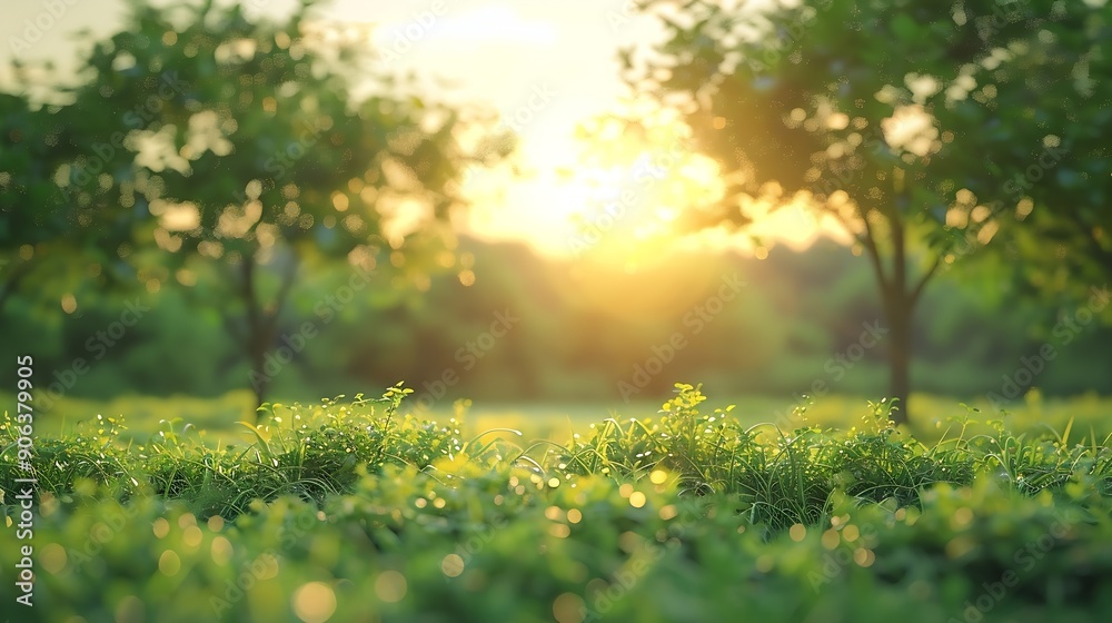 Poster blurred photogreen tree background view of the wild grass lawn light sky : generative ai