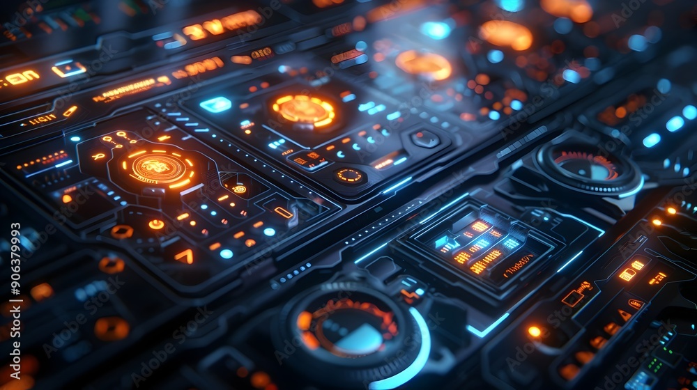 Poster futuristic control panel with glowing buttons and touch interfaces high tech design cyber background