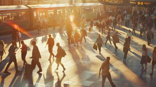Commuters hustle through a sun-drenched train station, casting long shadows on the bustling platform.