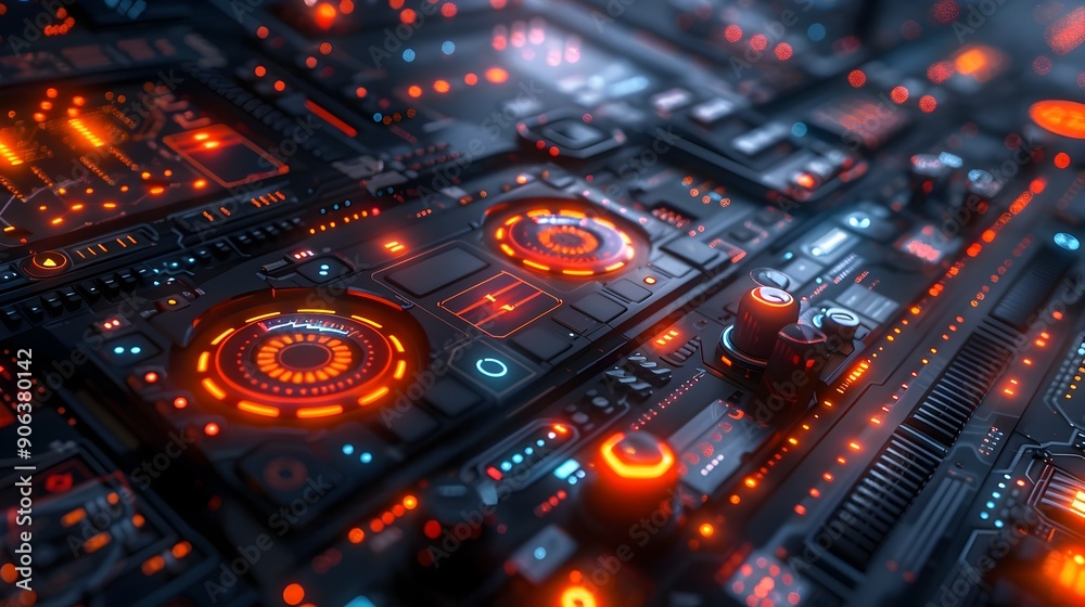 Poster futuristic control panel with glowing buttons and touch interfaces high tech cyber background concep