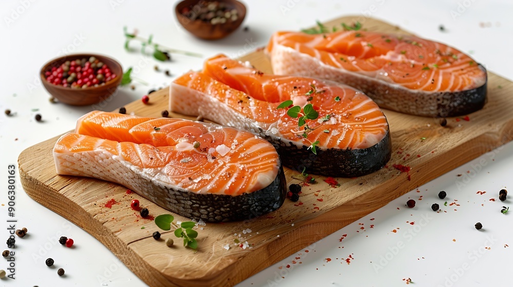 Poster wooden board with raw salmon steaks and different spices on white background : generative ai