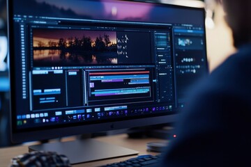 A Person Edits a Video on a Computer with a Sunset Landscape in the Background