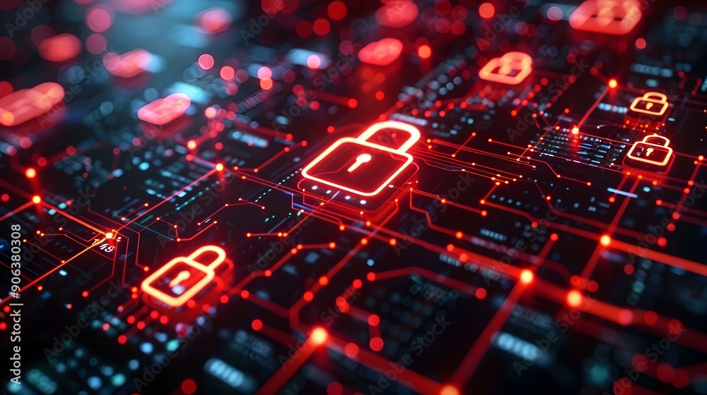 Poster cybersecurity interface with digital padlocks and warning icons secure and high tech design for cybe
