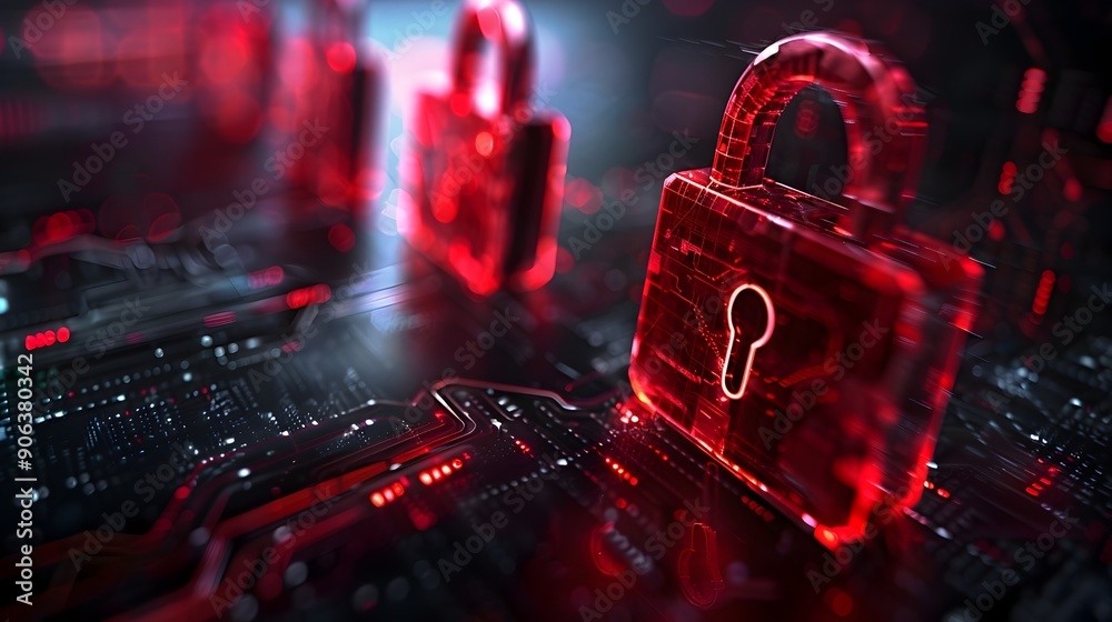 Poster cybersecurity interface with digital padlocks and warning icons secure and high tech cyber backgroun
