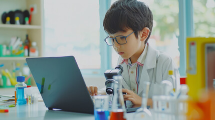 Young aspiring scientist engrossed in a chemistry experiment, using modern lab equipment in a bright and organized home lab setting.