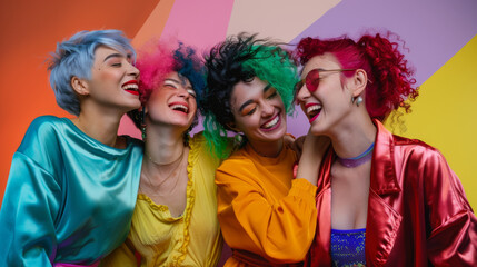 Friends with vividly colored hair and outfits share a hearty laugh against a backdrop of colorful geometric shapes.