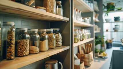 Organized pantry with various grains and items stored in glass jars on wooden shelves, showcasing a tidy and sustainable lifestyle.
