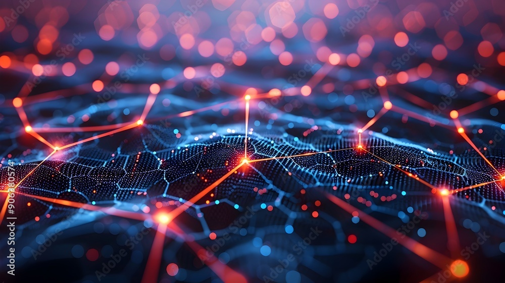 Poster glowing digital web of interconnected nodes representing network connectivity and cyber concept