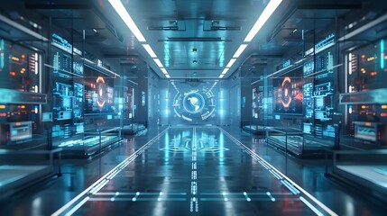 Futuristic High Tech Laboratory with Holographic Displays and Advanced Digital Technology