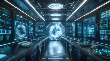 Futuristic Laboratory with Advanced Holographic Displays and Cyber Technology Background