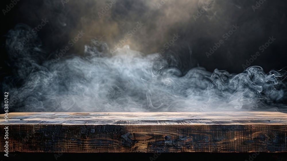 Aufkleber On a black background an empty wooden table with smoke floats up Empty space for displaying your products with a smoke float up on a dark background Space available for displaying your : Generative AI