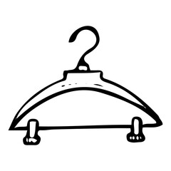 Clothes hanger hand drawn doodle. Storing things in a closet. Laundry room. Cleaning the house. Vector outline line art illustration.