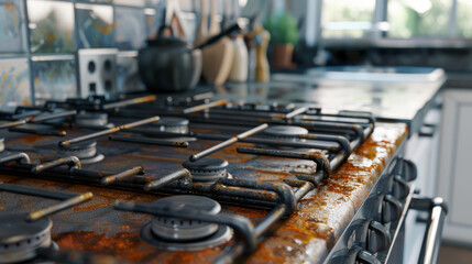 Close-up view of a dirty stovetop with rust and burnt residues, reflecting long-term neglect and heavy usage in a kitchen.