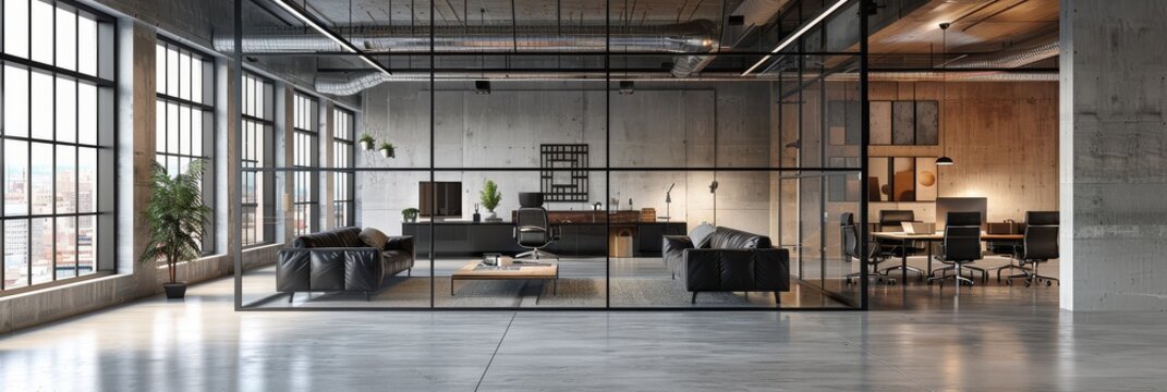 Modern office interior with glass walls, black leather sofas, and concrete floor. Features minimalist industrial design for a modern business workspace concept in industrial style.