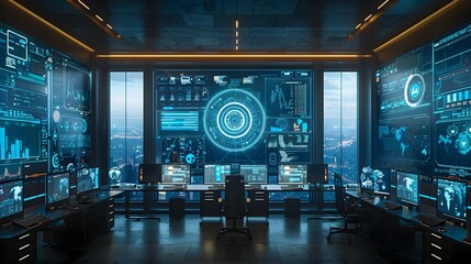 Futuristic High Tech Office with Holographic Interfaces and Multiple Digital Screens