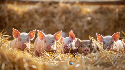 Happy Piglets Playing in Straw at a Sunny Pig Farm
