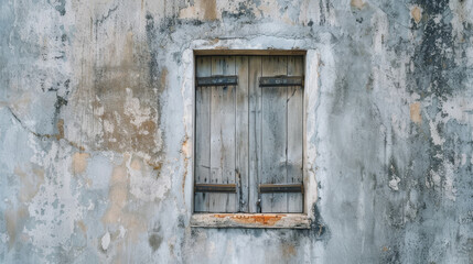 A weathered, rustic wooden window frame on an old, distressed wall, evoking a sense of history, decay, and nostalgia in a rustic setting.