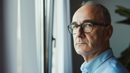 Fototapeta premium A stern-looking older man in glasses and a blue shirt stands near a window, casting a serious and determined expression.
