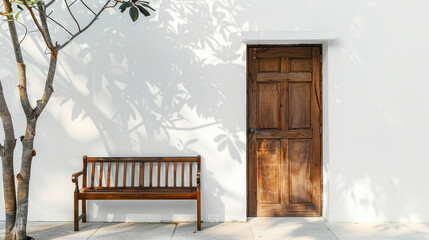 A rustic setting with a wooden door and a bench under the shade of a tree, creating a calm and inviting space.