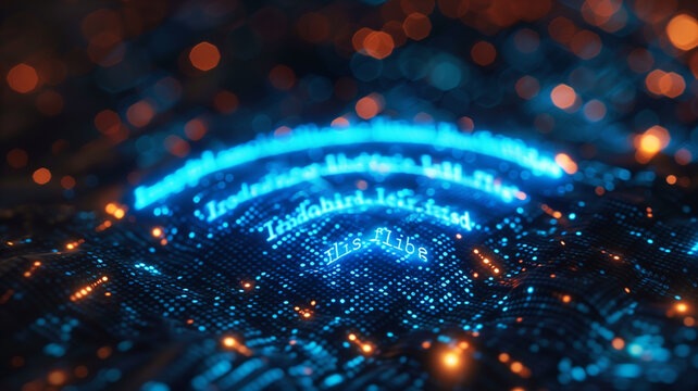 Digital blue WiFi internet sign icon with binary code, signal strength optimization algorithm