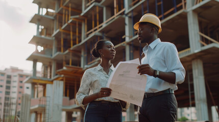 An architect converses with a colleague on a construction site, holding blueprints, surrounded by the structure in progress.