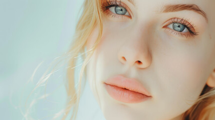A close-up of a young woman with mesmerizing blue eyes and soft makeup, her face illuminated gently to highlight her delicate features and serene beauty.