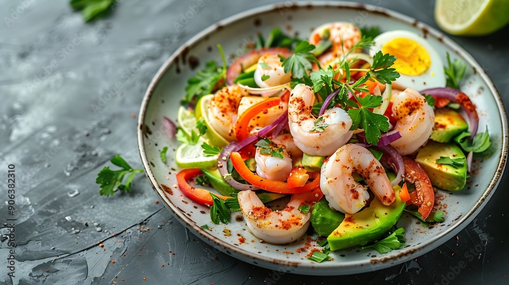 Poster Healthy salad with squid and avocado on white plate with harsh shadows Calamari salad with vegetables and eggs on white background with shadows of leaves Summer food menu : Generative AI