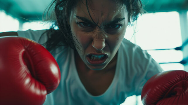 An intense female boxer in mid-action with red gloves, exuding power and focus in a boxing ring environment.
