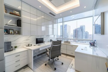 Modern office with white cabinets and desk, grey striped wall panels, and cityscape view through the window. Professional photography style, featuring white modern interior design