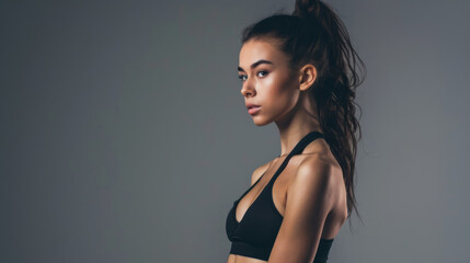 Fototapeta premium Athletic woman in a black sports bra, embodying focus and grace in a sleek and minimalistic studio setting.