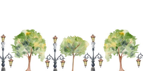 Old European city town street with lamp posts, ornamental lanterns, lined trees green hedge. Watercolor hand drawn seamless banner. For tourist shops, souvenirs, travel brochures, architectural bureau