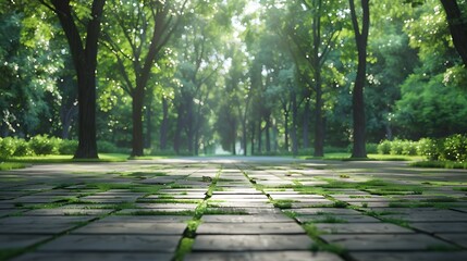 Empty square floor and green forest natural scenery in the city park : Generative AI