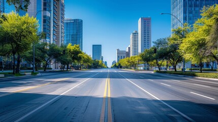 Empty City Street With Skyscrapers.