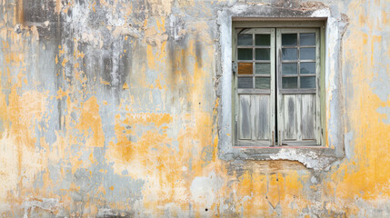 An aged, yellow wall with peeling paint and an old wooden window, capturing a sense of rustic decay.