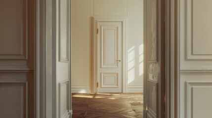 Sunlight casts shadows through open doors in a serene, elegant room with intricate paneling, evoking tranquility and timeless beauty.