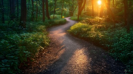 Obraz premium Winding Forest Path Bathed in Warm Morning Light Inviting and New Journeys