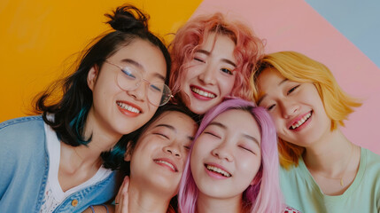 Five friends with colorful hairstyles smile and hug, the soft pastel backdrop enhancing their joyful expressions.