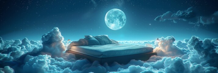 Serene Image of a Bed Drifting on Fluffy Clouds under a Full Moon and the Starry Night Sky, Evoking Dreams and Tranquility.