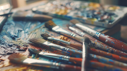 Fototapeta premium A collection of paintbrushes lying on a colorful palette, showing evidence of artistic creation.